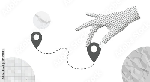 Strategic hand places pin on route map, visualizing destination planning and modern logistics with minimalist design elements