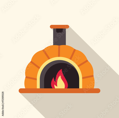 Traditional wood fired pizza oven burning with bright flames, featuring a long shadow, perfect for culinary and restaurant concepts