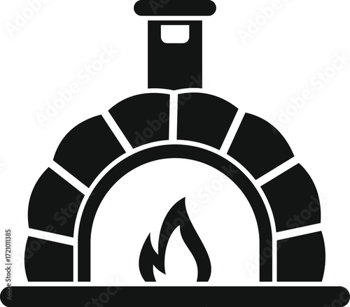 Traditional clay pizza oven burning wood with a chimney for baking and cooking food