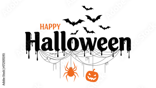 Happy Halloween: A spooky illustration captures the essence of Halloween with a friendly pumpkin, ominous bats, and creepy spiderwebs. Embrace the fun and thrill of the celebration.