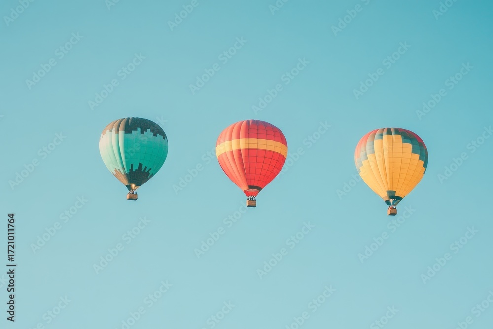 Naklejka premium Three colorful hot air balloons soaring against a bright blue sky on a clear sunny day