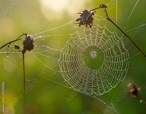 Dew-kissed spiderweb in morning light