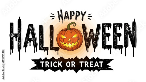 Happy Halloween: A vibrant and festive illustration capturing the spirit of Halloween, featuring a grinning jack-o'-lantern centered amidst bold lettering, inviting the thrill of trick or treat.