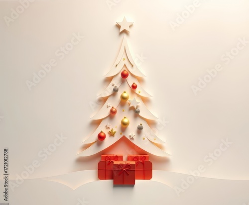 Elegant paper Christmas tree with gifts and stars