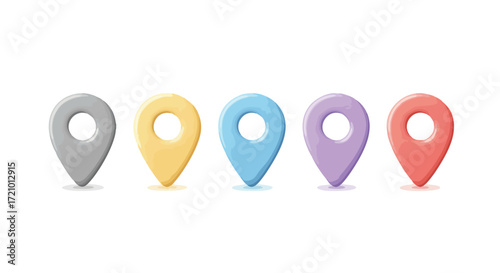 A set of five colorful 3D map location pin icons isolated on a white background.