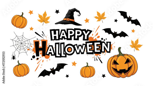 Happy Halloween design: A vibrant illustration for a Happy Halloween event, showcasing iconic elements. 