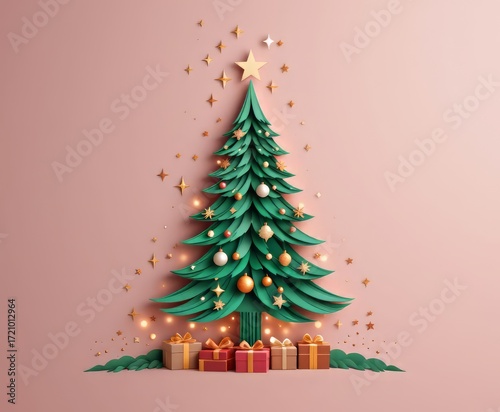 Elegant paper Christmas tree with gifts and ornaments