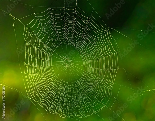 Dew-kissed spiderweb in vibrant green forest