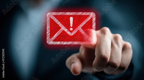 Finger points at glowing red email alert icon with exclamation mark. Great for cybersecurity, phishing warnings, spam alerts, and presentations about digital safety, fraud, and secure messaging.