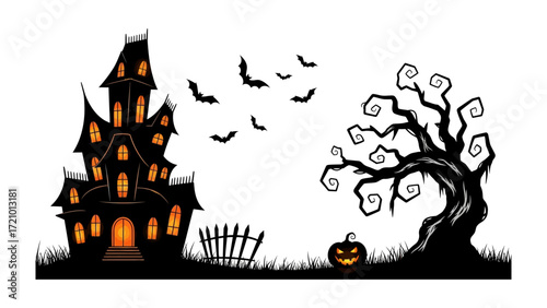 Spooky Halloween Scene: A chilling silhouette of a haunted house, gnarled tree, and jack-o'-lantern, with bats adding to the eerie atmosphere.