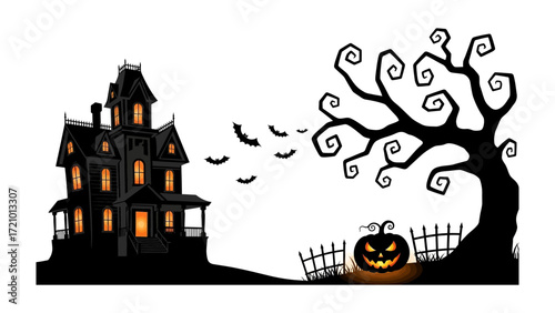 Spooky Halloween scene: A mysterious haunted house, silhouetted against the eerie evening sky, stands alongside a gnarled tree and glowing Jack o'lantern creating a festive atmosphere. 