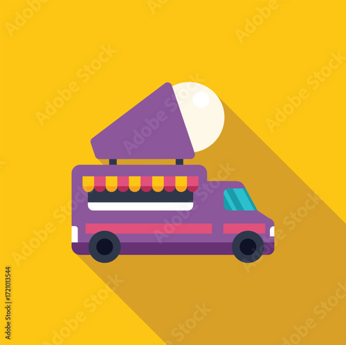Purple ice cream food truck selling refreshing ice cream on a sunny day