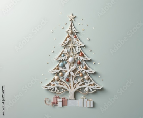Elegant paper Christmas tree with gifts and stars