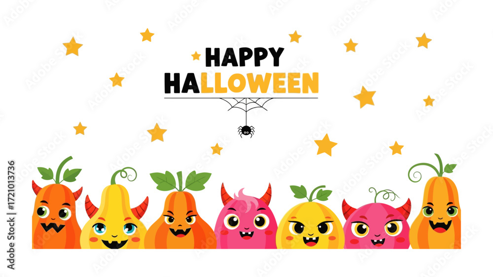 Obraz premium Spooky pumpkins celebrating Halloween: A vibrant Halloween design featuring an array of cute, smiling pumpkins, perfect for adding a touch of fun to your autumn celebrations.