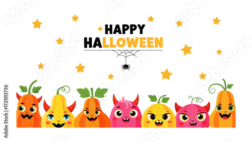 Spooky pumpkins celebrating Halloween: A vibrant Halloween design featuring an array of cute, smiling pumpkins, perfect for adding a touch of fun to your autumn celebrations.