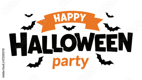 Happy Halloween Party Banner: A festive banner with Happy Halloween Party message, adorned with spooky bat silhouettes, creating an eerie yet joyful atmosphere for the Halloween season.