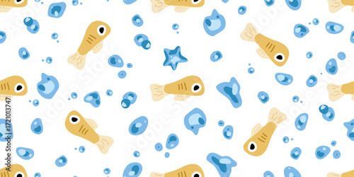 Seamless Yellow Fish Bubble Pattern. Yellow fish seamless pattern in cartoon flat style. Small fishes, bubbles and starfish repeating on white background for marine and decorative design.