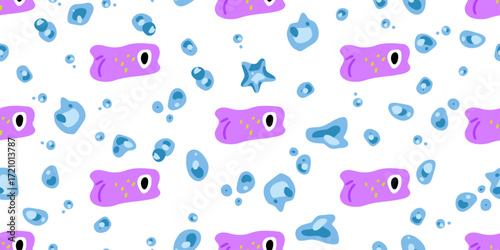 Seamless Purple Fish Bubble Pattern. Purple fish seamless pattern in cartoon flat style. Small fishes with bubbles and starfish repeating on white background for marine and decorative design.