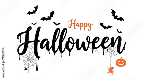 Happy Halloween Design: A whimsical design spells out Happy Halloween with playful fonts, spooky elements of spider, bat, and carved pumpkin.