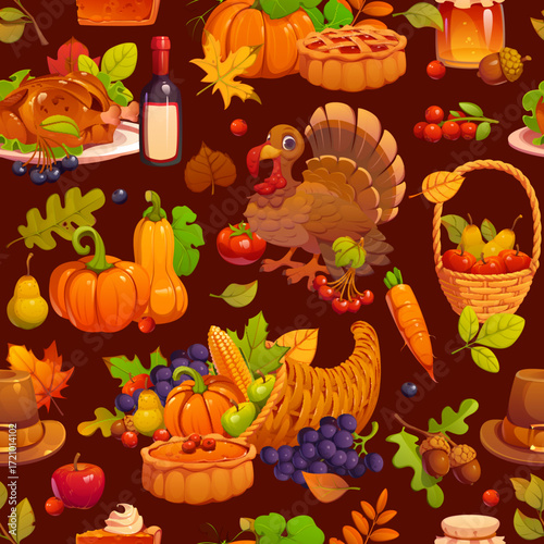 Seamless Thanksgiving holiday pattern with cartoon turkey, pumpkins and pies background. Vector Thanksgiving harvest cornucopia and pilgrim hat, vegetables and autumn fall leaves seamless pattern