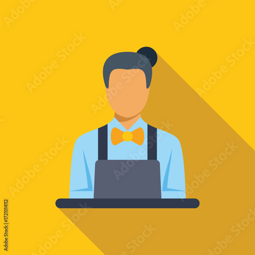 Bartender wearing an apron and bow tie standing behind the bar counter, serving drinks in a stylish bar setting