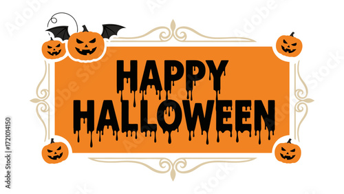 Halloween Festive Greeting: A vibrant greeting card with a festive orange backdrop, adorned with spooky jack-o'-lanterns and an ornate border, cheerfully wishes everyone a Happy Halloween.