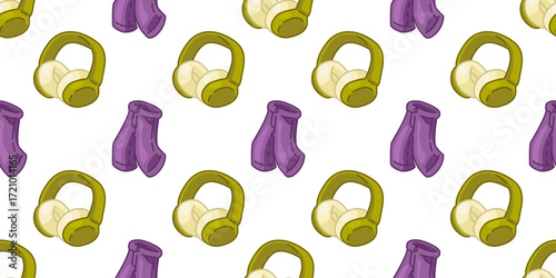 Seamless Earmuffs Mittens Pattern. Winter earmuffs and mittens seamless pattern in flat cartoon style on white background.