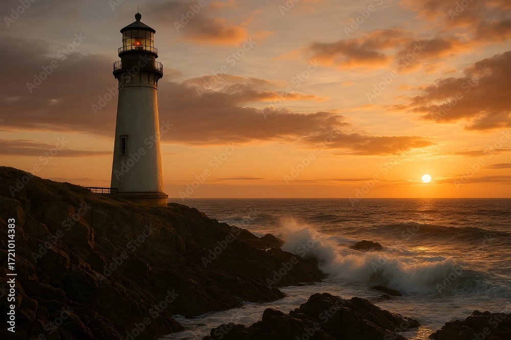 Fototapeta premium Dramatic lighthouse stands tall as sun sets on ocean horizon