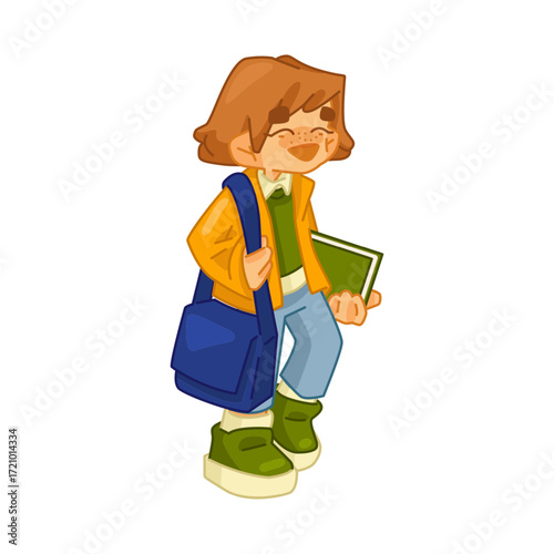 Schoolgirl Cartoon Character. Schoolgirl cartoon character with bag and book in flat style on white background.