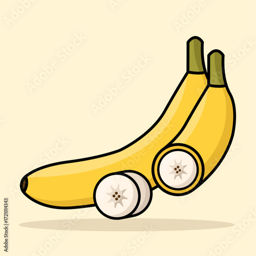 Yellow Banana with Half Cut with Flat Illustration Style
