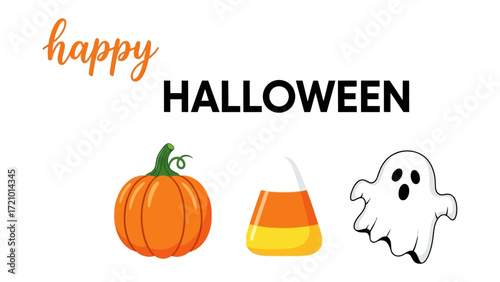 Halloween Greeting with Pumpkin and Ghost: A cheerful and inviting Halloween greeting, accompanied by a cartoon pumpkin, a candy corn.