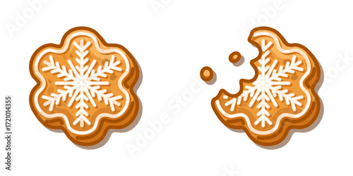 Gingerbread Snowflake Cookie. Gingerbread snowflake cookie cartoon in flat style with icing decoration, showing whole and bitten biscuit with crumbs on isolated background.