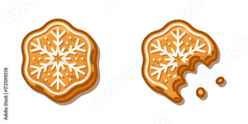 Snowflake gingerbread cookie cartoon in flat style with icing decoration, showing whole and bitten biscuit with crumbs on isolated background.