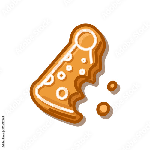 Gingerbread Party Hat Cookie. Gingerbread party hat cookie cartoon in flat style with icing decoration, bitten edge and crumbs on isolated background.