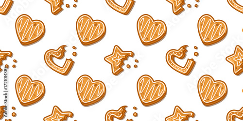Seamless Gingerbread Cookie Pattern. Seamless gingerbread cookie pattern in cartoon flat style with heart, star and cane biscuits, whole and bitten with crumbs on isolated background.