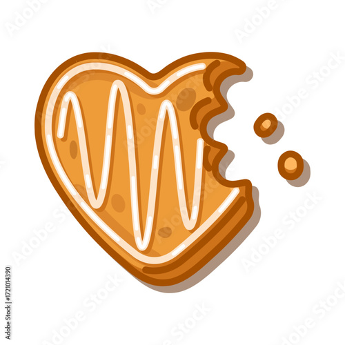 Gingerbread Heart Cookie. Gingerbread heart cookie cartoon in flat style with icing decoration, bitten edge and crumbs on isolated background.