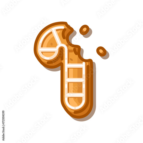 Gingerbread Candy Cane Cookie. Gingerbread candy cane cookie cartoon in flat style with icing decoration, bitten edge and crumbs on isolated background.