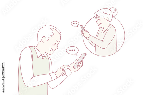Happy modern grandparents text online on cellphones. Smiling mature man and woman send messages on internet on mobile phone. New technology. Vector illustration.