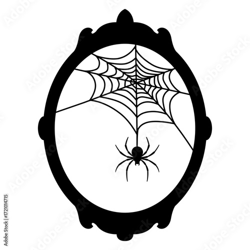Logo con silueta de marco ovalado de espejo decorativo con tela de araña y araña para tarjetas y felicitaciones de Halloween