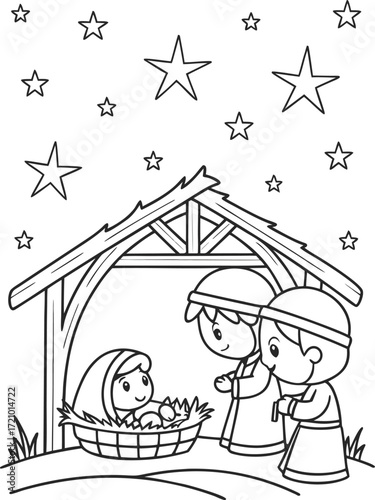 line art peaceful nativity night scene with stars .eps