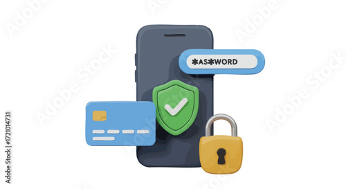 Secure your digital transactions and online accounts with this modern mobile security concept featuring a credit card, lock, and password prompt.