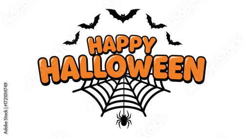 Happy Halloween Illustration: An enchanting, graphic illustration conjures the festive spirit with playful bats and a spider web, celebrating the spookiness. 
