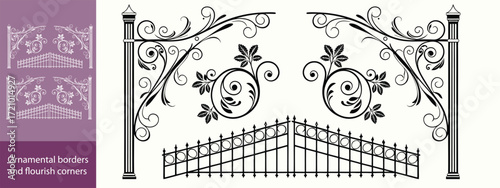 Set of vintage floral corner ornaments. Elegant baroque frame decorations in black vector for invitations, borders, design, and decor art