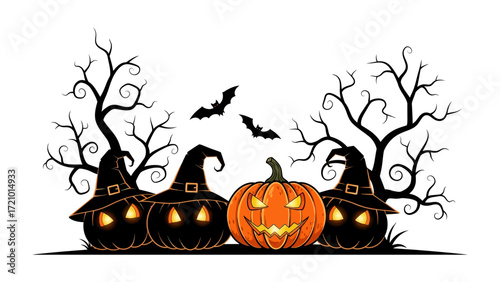 Halloween Night of Jack-o'-Lanterns: A collection of grinning jack-o'-lanterns, adorned with witch hats, creates a spooky and inviting atmosphere under a backdrop of bare trees and bats.