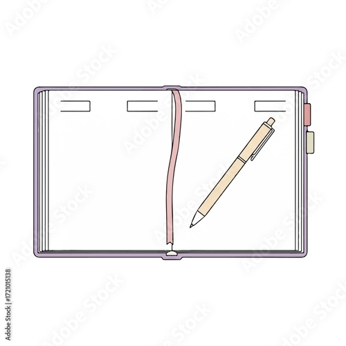Flat lay illustration of an open notebook with a pen on a clean white background in a minimalist style with pastel colors.