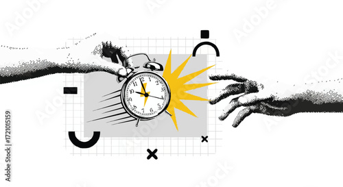 A stylized illustration depicting a hand passing a fast-moving alarm clock to another hand, symbolizing urgency and the passage of time.