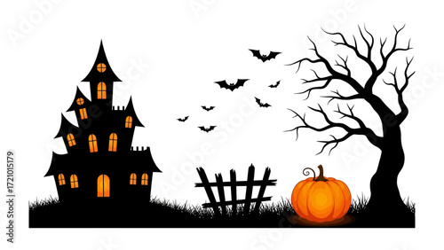 Spooky Halloween Silhouette: A hauntingly beautiful scene, with a gothic haunted house, bats taking flight, and a cheerful pumpkin illuminated by a full moon.