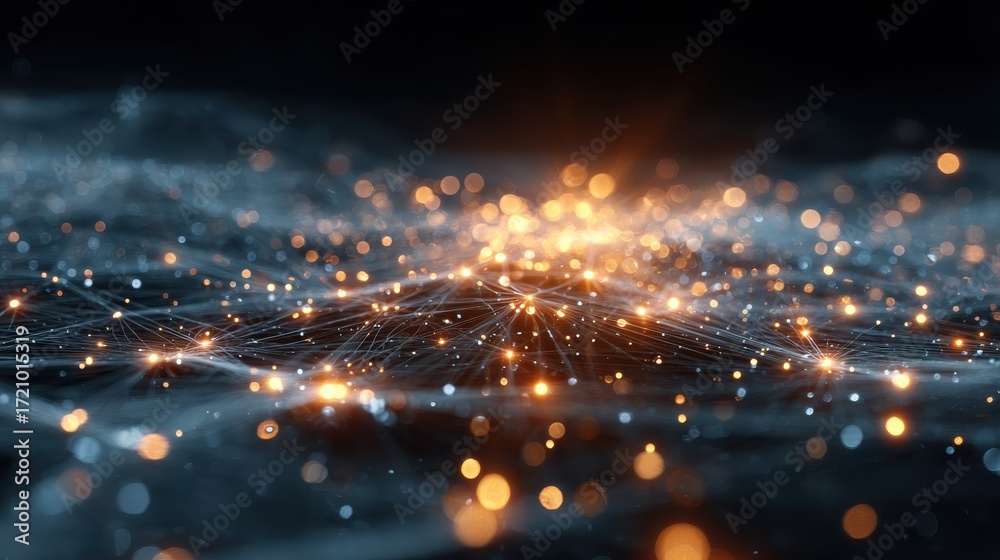 Obraz premium A mesmerizing digital landscape of glowing particles and flowing lines, symbolizing connectivity and advanced technology.