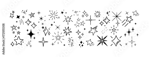 A Collection of Hand-Drawn Stars and Sparkles in Black and White