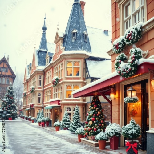 Festive European Street: A quaint European street scene transforms into a winter wonderland, as Christmas cheer adorns every building in a picturesque snow-covered village.